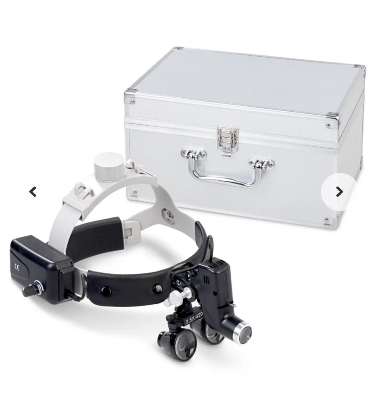 Headband magnifier with LED lights and storage case in white aluminum box with handle